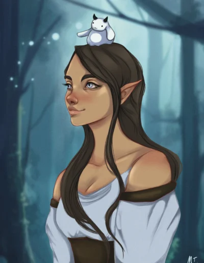 An illustration of an elf girl in a forest with a small creature on her head